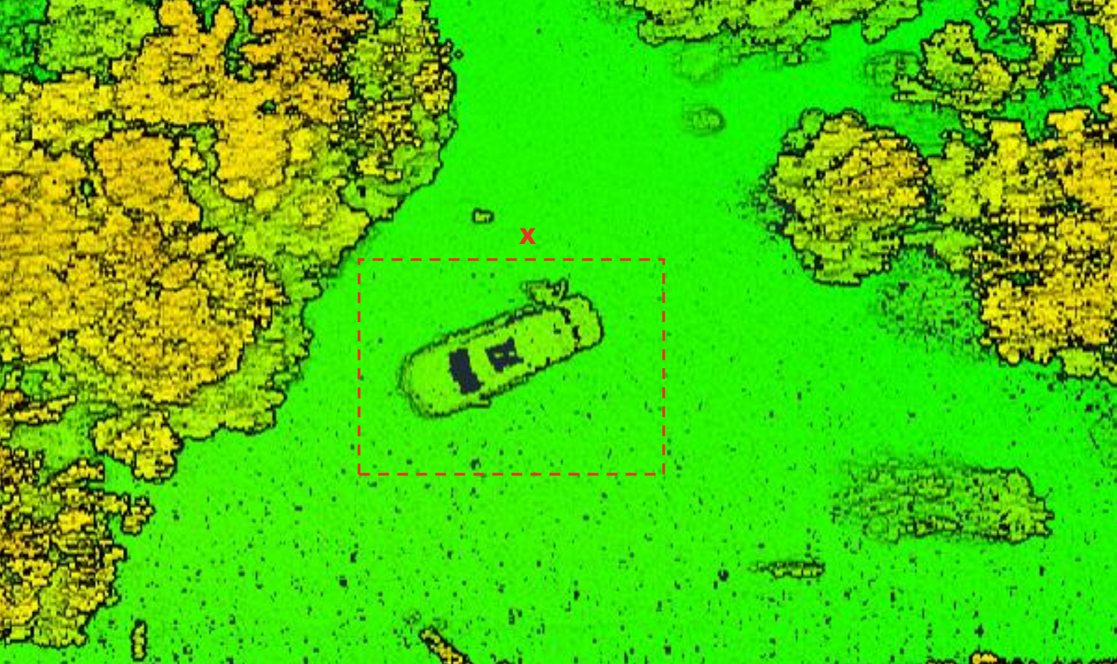 Zoomed LiDAR scan showing vehicle detection through tree canopy
