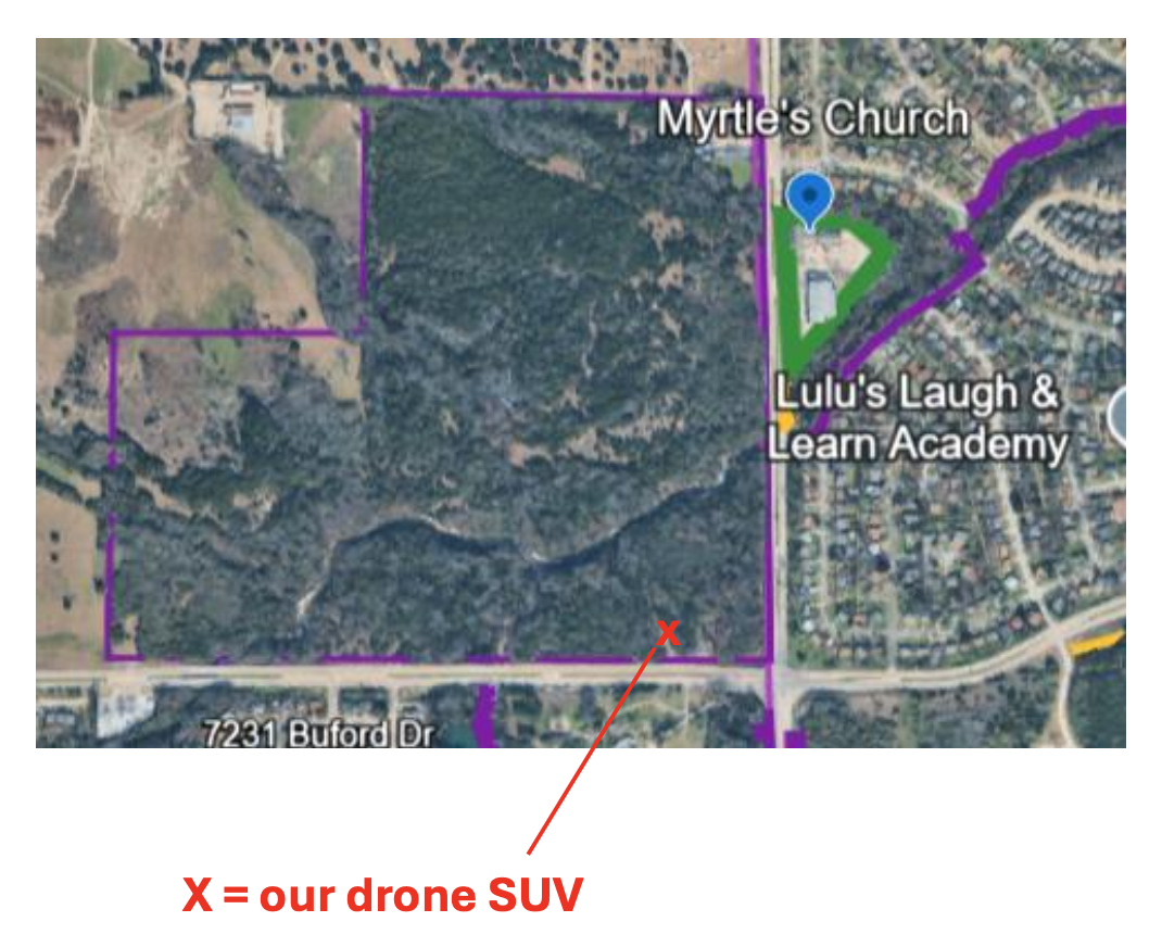 Satellite view of search area with drone SUV position marked
