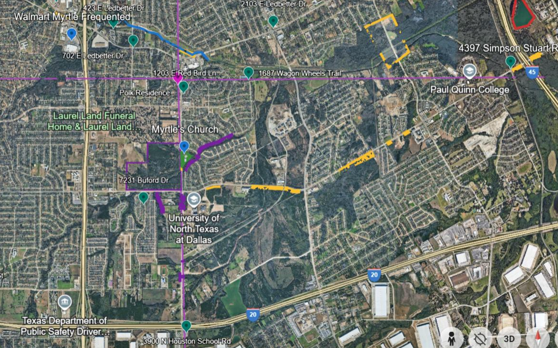 Route analysis map — Polk residence, church, and search corridors in Dallas area